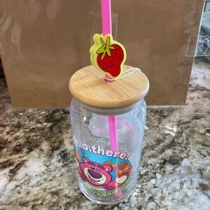 Strawberry Bear Glass Tumbler with Bamboo Lid and Pink Straw